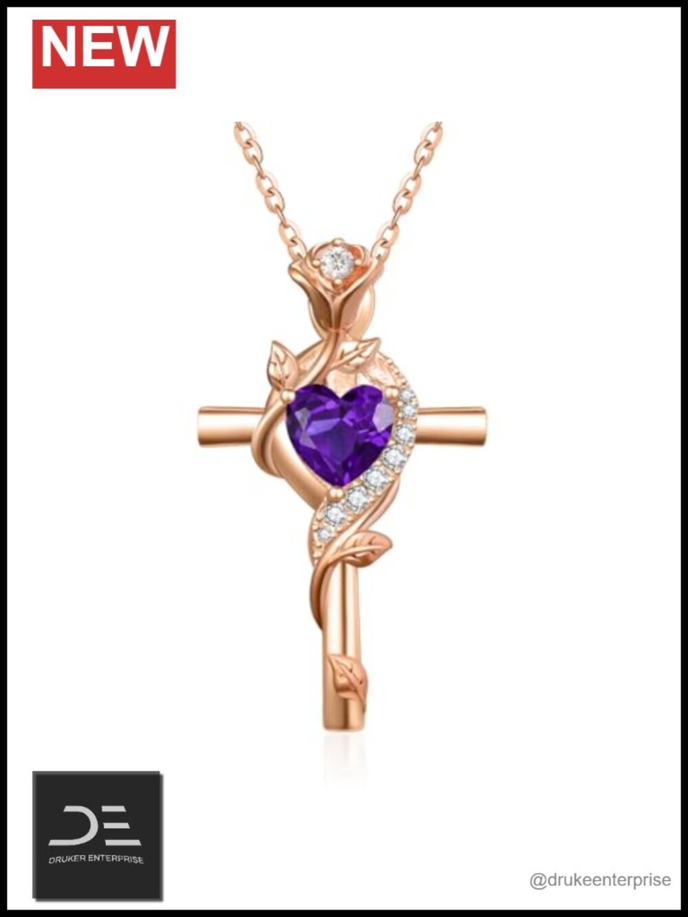 14K Gold Plated Cross Necklace with Heart Birthstone Pendant